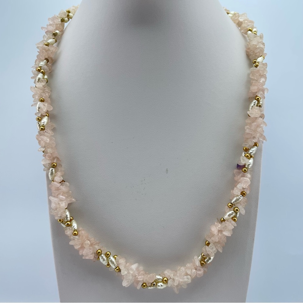 Rose Quartz Chip,Freshwater Pearl Necklace Gold Accents Soft Blush Boho Elegance